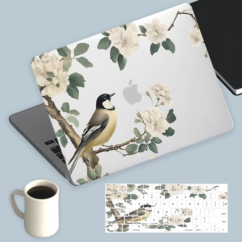 KEROM Bird Flower Case for MacBook Air 13 inch 2025 M4, 2024-2022 M3 M2 A3240 A3113 A2681, Cute Sleek Elegant Aesthetic Plastic Hard Shell & Keyboard Cover for MacBook Air 13.6 inch Case - Image 1